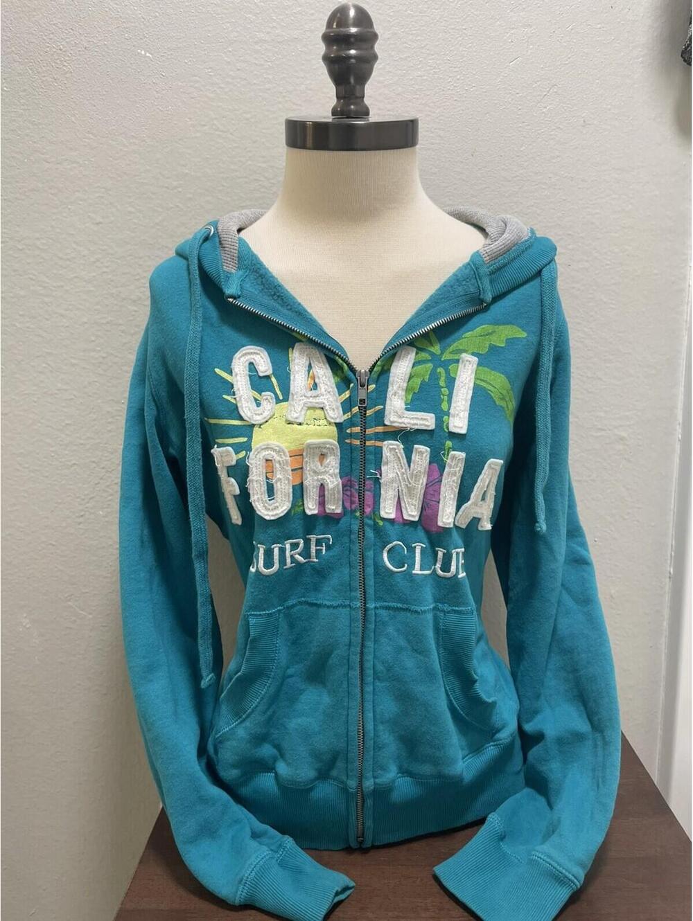 VTG California Hoodie Y2K Surf Club Full Zip Teal XL